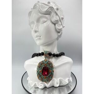 Heidi Daus "Triple Play" Crystal Enhancer Pendant & Black Beaded Necklace PINK